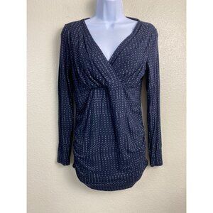 Nopples Womens V-Neck Top faux Wrap size Small Blue Long sleeve Stretch Modest